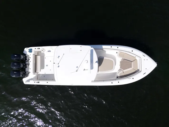  Yacht Photos Pics Aerial view of 2017 Boston Whaler 350 Outrage boat on water.
