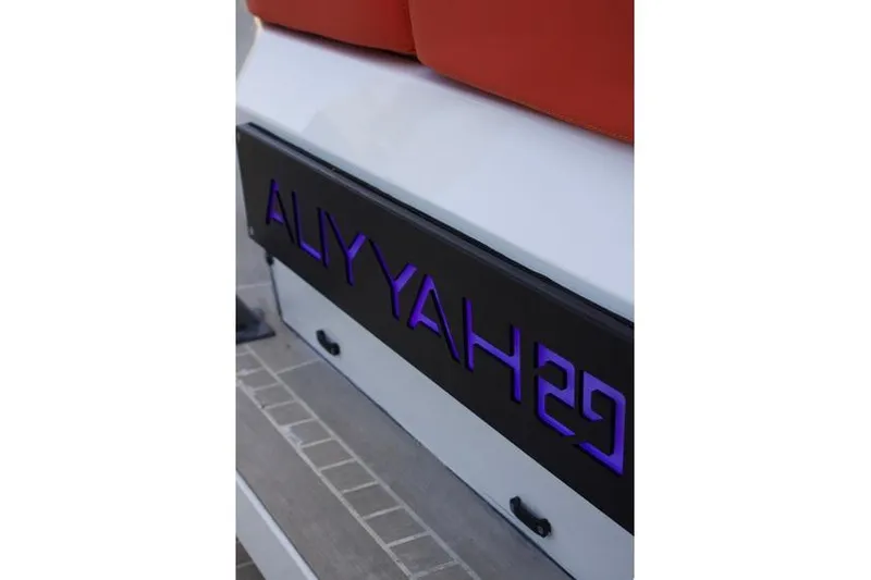 Aliyyah 29 Yacht Photos Pics 2018 Vanquish Yachts VQ45 with illuminated nameplate "ALIYYAH" in blue.