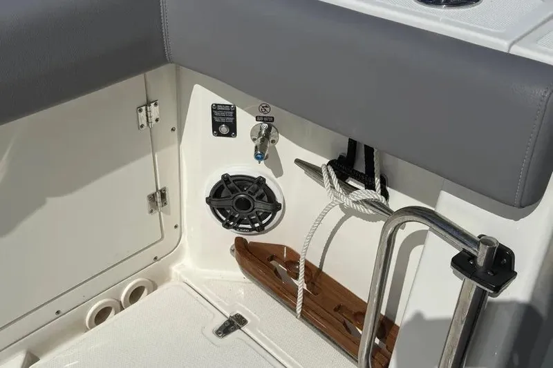  Yacht Photos Pics 2024 Boston Whaler 380 Outrage interior with speaker, rope, and stainless steel fittings.