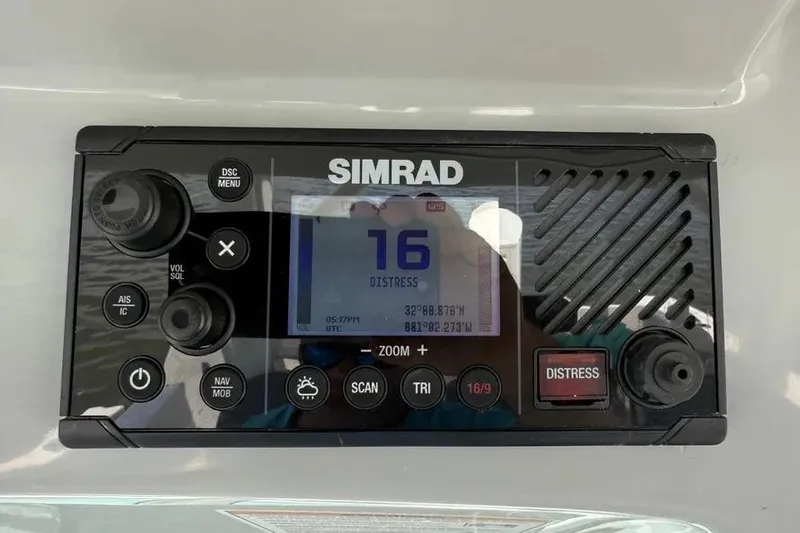  Yacht Photos Pics Simrad marine radio on 2024 Boston Whaler 380 Outrage, displaying distress channel 16.