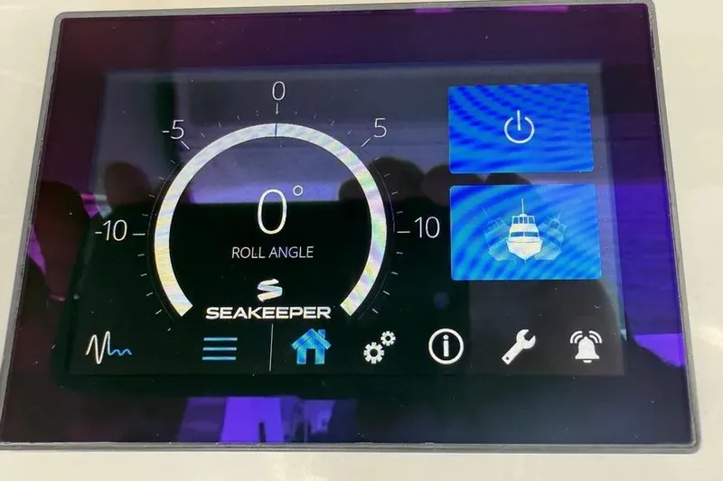  Yacht Photos Pics Seakeeper control panel on 2024 Boston Whaler 380 Outrage, displaying roll angle and settings.