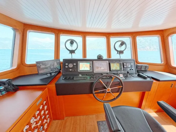 Risk Taker Yacht Photos Pics Pilothouse of 2006 Tansu Custom Trawler with navigation equipment and panoramic windows.