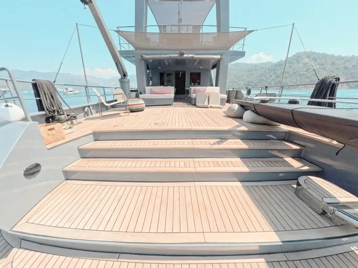 Risk Taker Yacht Photos Pics Luxurious 2006 Tansu Custom Trawler yacht deck with elegant seating and scenic views.