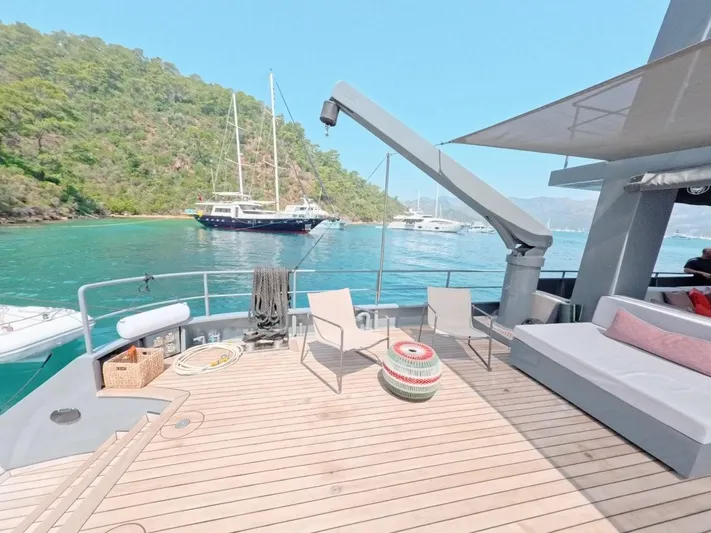 Risk Taker Yacht Photos Pics Deck of 2006 Tansu Custom Trawler with scenic coastal view and anchored boats.