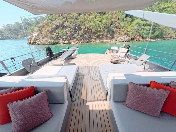 Risk Taker Yacht Photos Pics Luxurious 2006 Tansu Custom Trawler yacht deck with scenic ocean view.