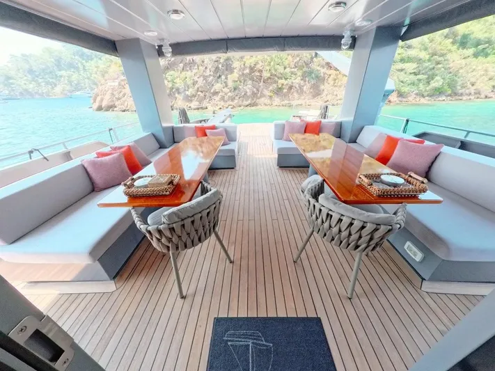 Risk Taker Yacht Photos Pics Luxurious 2006 Tansu Custom Trawler yacht deck with elegant seating and scenic ocean view.