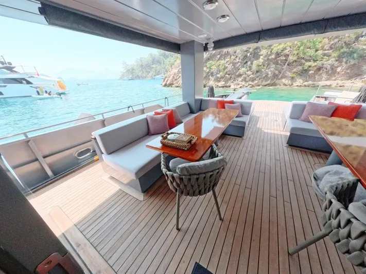 Risk Taker Yacht Photos Pics Luxurious 2006 Tansu Custom Trawler yacht deck with elegant seating and scenic ocean view.