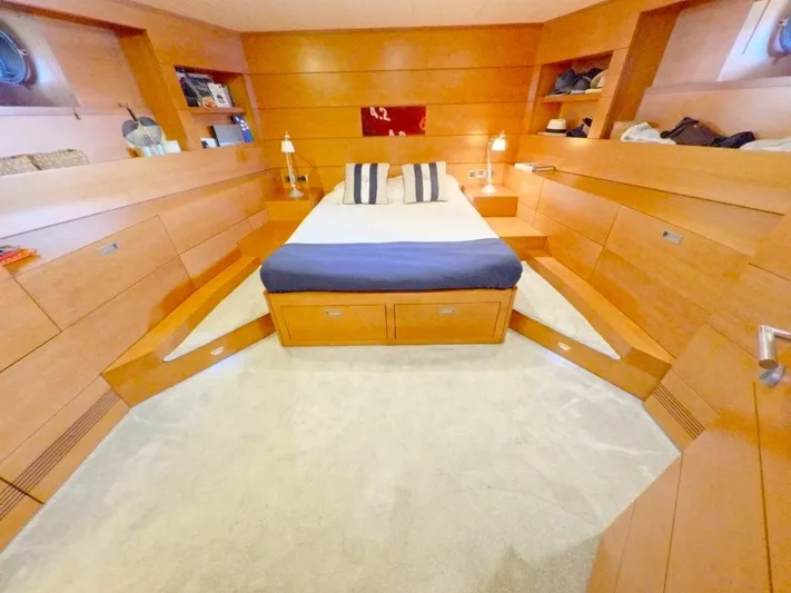 Risk Taker Yacht Photos Pics Luxurious cabin interior of 2006 Tansu Custom Trawler with wooden finish and cozy bed.