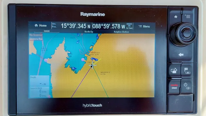 Azafran Yacht Photos Pics Raymarine chartplotter displaying navigation map on Island Packet 40, 1994 model.