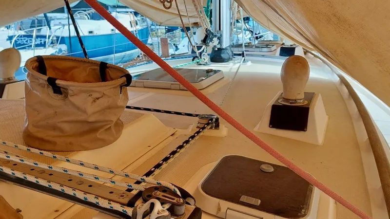 Azafran Yacht Photos Pics Sailboat deck of 1994 Island Packet 40 with rigging and equipment.