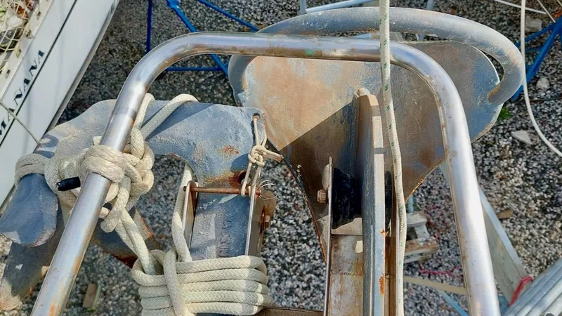 Azafran Yacht Photos Pics Bow of 1994 Island Packet 40 sailboat with anchor and ropes.