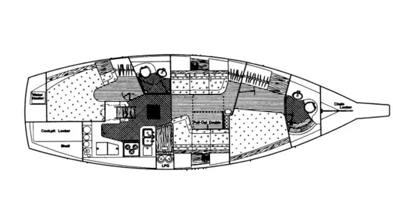Azafran Yacht Photos Pics Floor plan of a 1994 Island Packet 40 sailboat, showing interior layout and features.