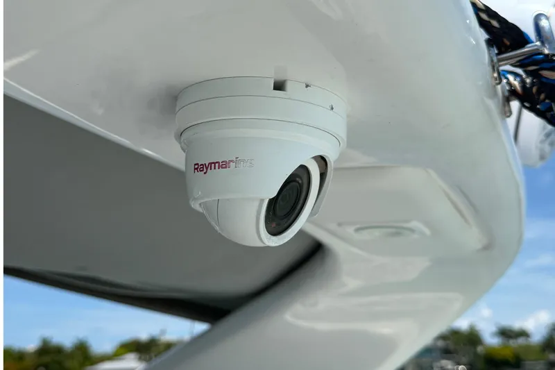  Yacht Photos Pics Raymarine camera installed on a 2021 Schaefer 303 boat, under a white surface.