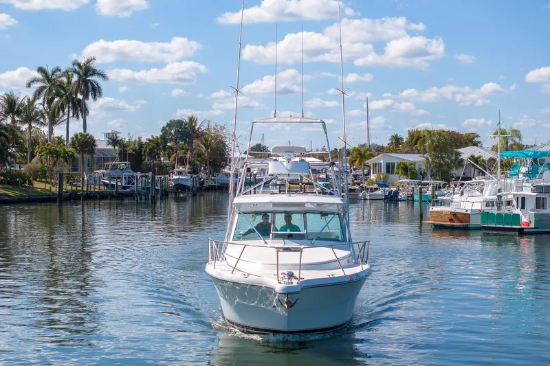  Yacht Photos Pics 1997 Tiara Yachts 3500 Express cruising in a scenic marina with palm trees.
