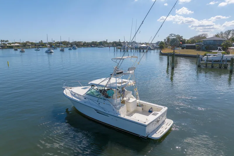 Yacht Photos Pics 1997 Tiara Yachts 3500 Express cruising in a serene marina setting.