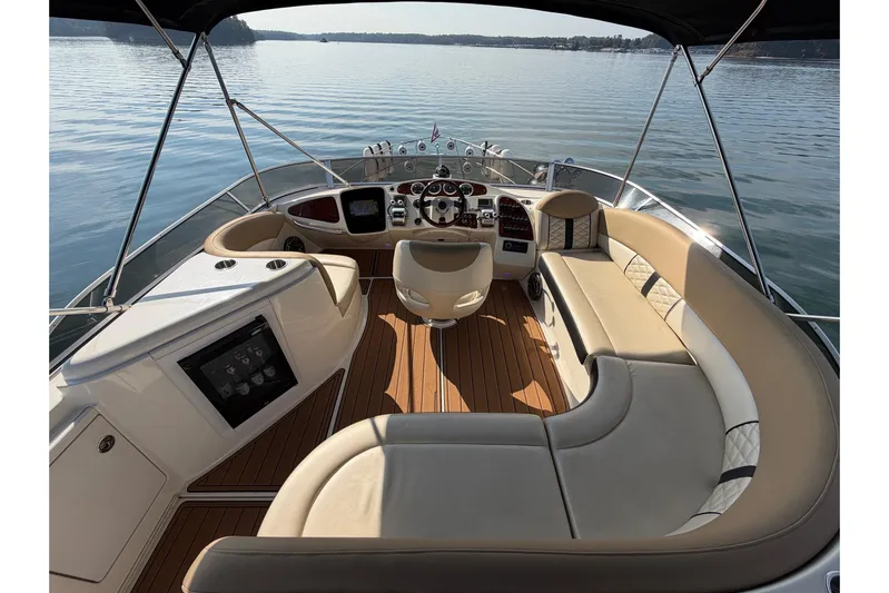 This Bar Yacht Photos Pics Luxurious 2004 Meridian 459 Motoryacht interior with elegant seating and control panel.