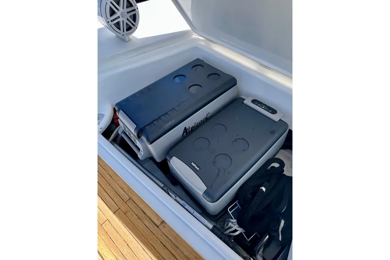  Yacht Photos Pics Storage compartment on 2010 Princess V78 yacht with Alpicool coolers and marine equipment.