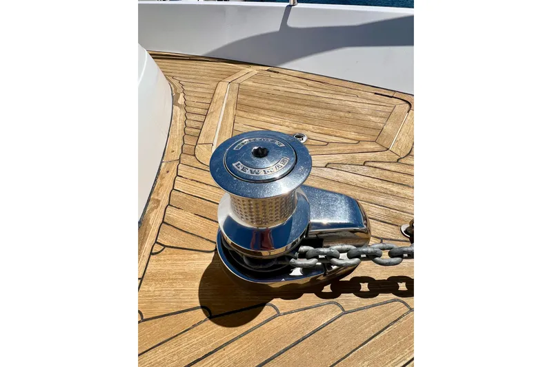  Yacht Photos Pics Anchor winch on teak deck of 2010 Princess V78 yacht.