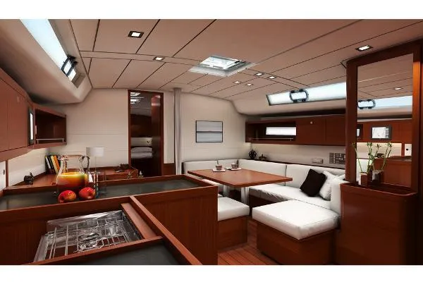 Secret Location Yacht Photos Pics Luxurious interior of 2014 Beneteau Oceanis 45 yacht with modern kitchen and seating area.