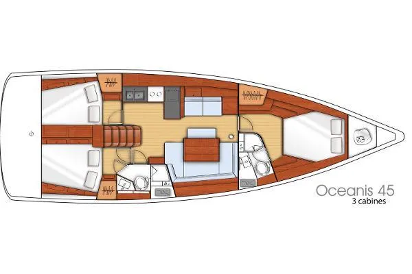 Secret Location Yacht Photos Pics 2014 Beneteau Oceanis 45 yacht layout with three cabins and modern interior design.