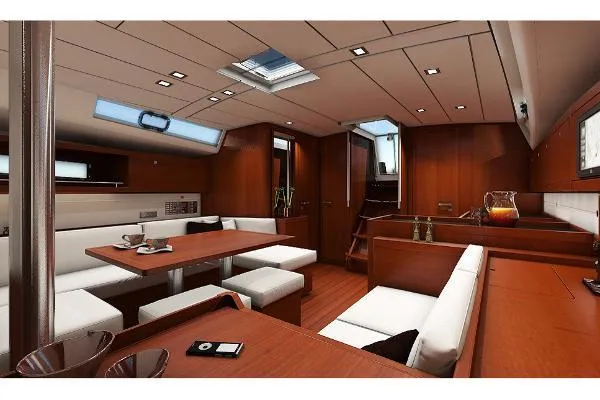 Secret Location Yacht Photos Pics Interior of 2014 Beneteau Oceanis 45 yacht, featuring elegant wood finish and modern seating.