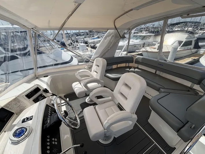 Sanctuary Yacht Photos Pics 2006 Silverton 36 Convertible yacht interior with helm, seating, and marina view.
