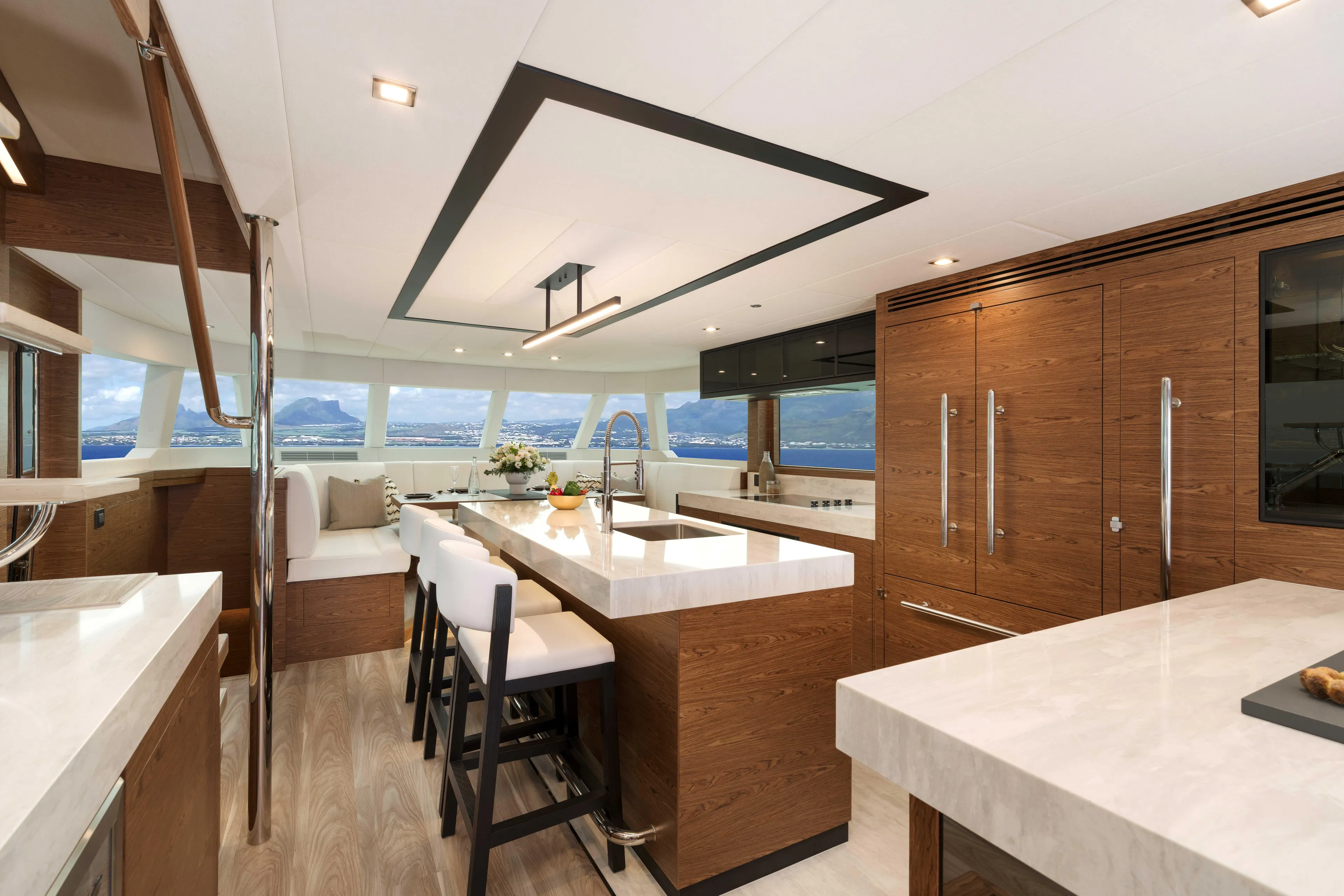 V77s-613 / Available Spring 2026 Yacht Photos Pics Luxurious Horizon V77S yacht interior, 2026 model, featuring modern kitchen and panoramic ocean views.
