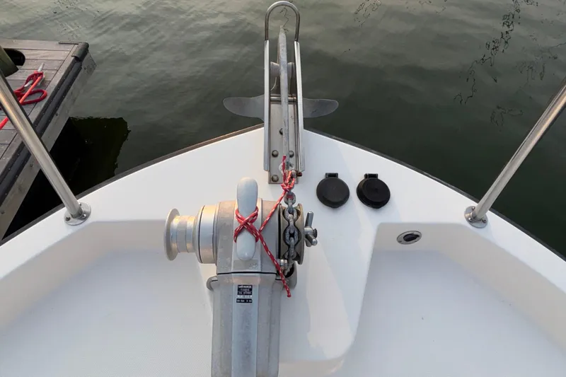 Edgin Yacht Photos Pics Bow of 2007 Nordic Tug 32 with anchor and winch system.