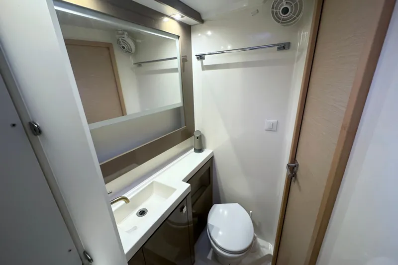 Katla Yacht Photos Pics Modern bathroom in 2018 Fountaine Pajot Helia 44 Evolution yacht, featuring sleek design and amenities.