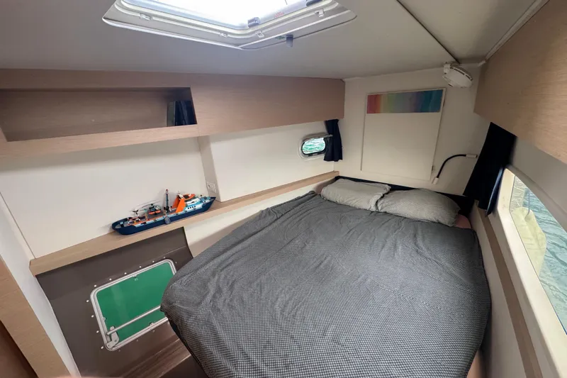 Katla Yacht Photos Pics Cozy cabin interior of 2018 Fountaine Pajot Helia 44 Evolution catamaran.
