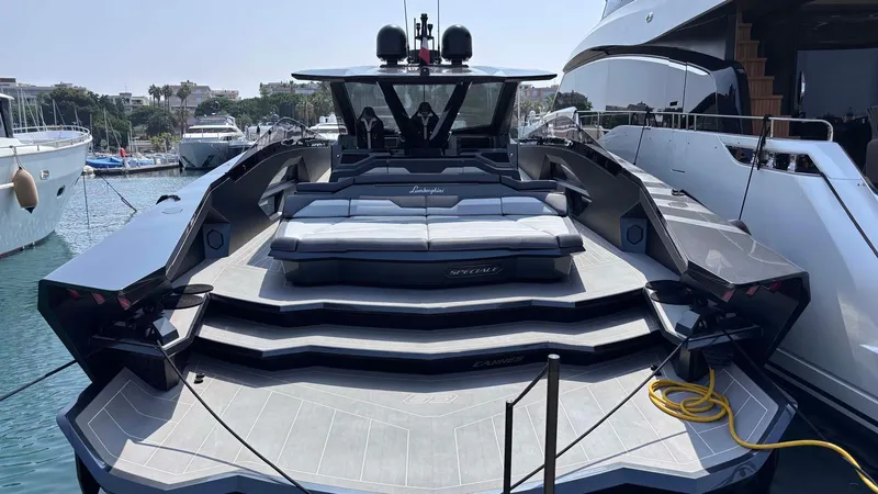  Yacht Photos Pics Luxury Tecnomar Lamborghini 63 yacht, 2022 model, docked at marina with sleek design.