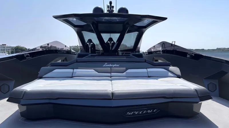  Yacht Photos Pics Luxury Tecnomar Lamborghini 63 yacht, 2022 model, featuring sleek design and spacious deck.
