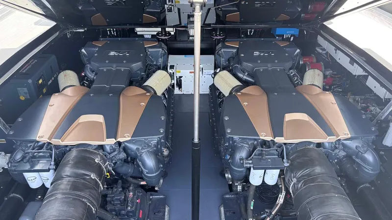  Yacht Photos Pics Engine room of 2022 Tecnomar Lamborghini 63 yacht, featuring dual powerful engines.