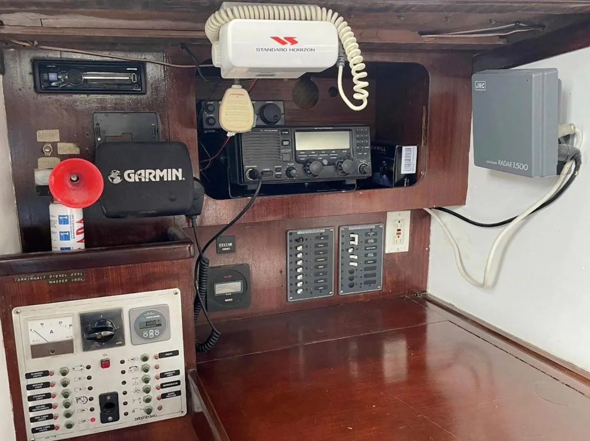 Control panel of a 1985 Gib'Sea 126 yacht with navigation and communication equipment.