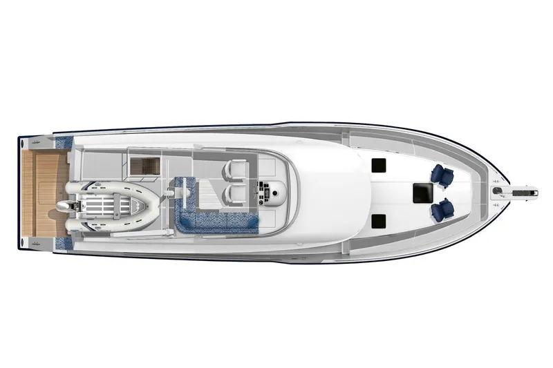  Yacht Photos Pics Top view of 2026 Outback Yachts Outback 50, showcasing deck layout and seating.