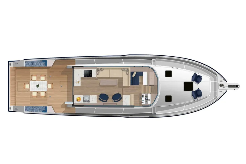  Yacht Photos Pics Top view of 2026 Outback Yachts Outback 50 layout, featuring spacious deck and interior design.