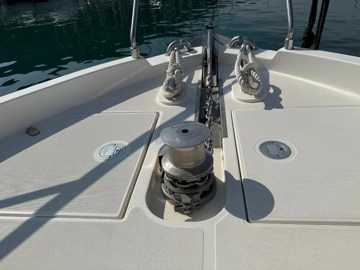  Yacht Photos Pics Bow of 2011 Ferretti Yachts 570 with anchor winch and ropes.