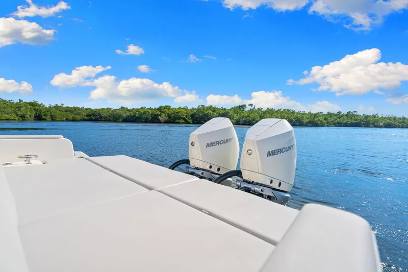  Yacht Photos Pics Sea Ray SDX 290 Outboard 2021 on calm water with blue sky.