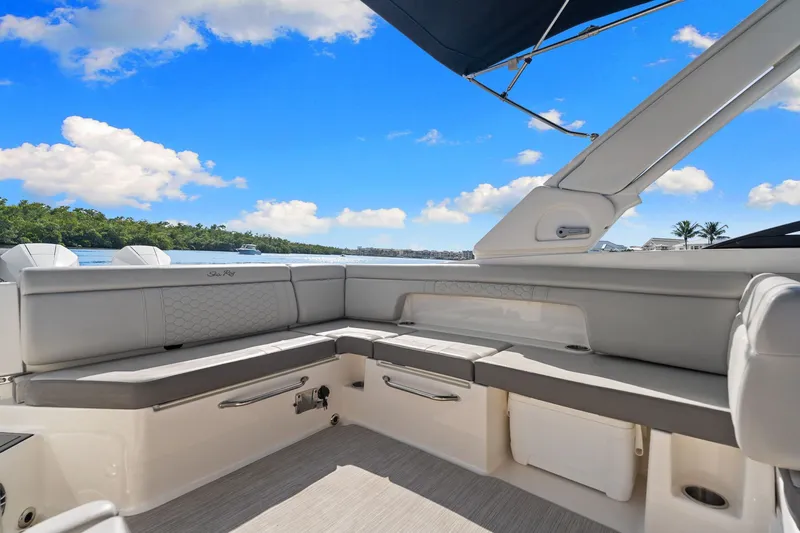  Yacht Photos Pics Interior of 2021 Sea Ray SDX 290 Outboard with luxurious seating.
