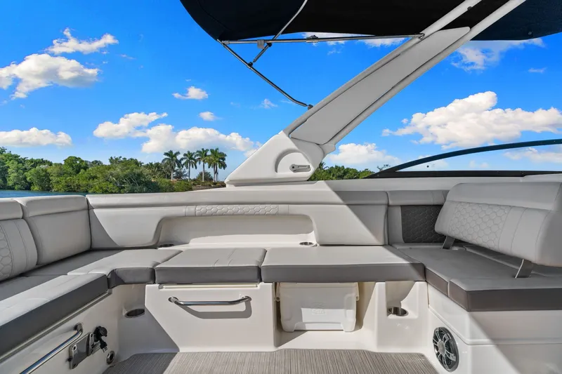  Yacht Photos Pics Interior of 2021 Sea Ray SDX 290 Outboard with luxurious seating.