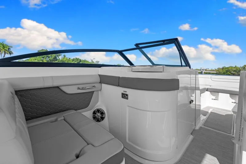  Yacht Photos Pics Interior of 2021 Sea Ray SDX 290 Outboard with luxurious seating area.