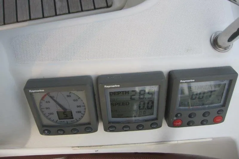 Angelucia Yacht Photos Pics Raymarine instruments on 2008 Jeanneau Sun Odyssey 39i, displaying depth, speed, and wind data.