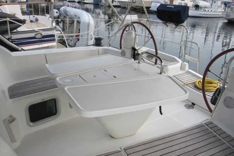 Angelucia Yacht Photos Pics 2008 Jeanneau Sun Odyssey 39i yacht cockpit with dual steering wheels and docked boats.