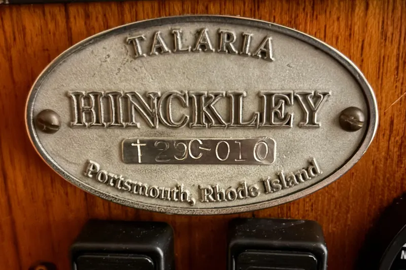 Wayfarer Yacht Photos Pics 2002 Hinckley Talaria 29C nameplate, Portsmouth, Rhode Island.