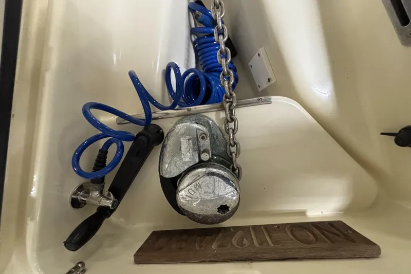 Wayfarer Yacht Photos Pics Anchor chain and equipment on 2002 Hinckley Talaria 29C boat deck.