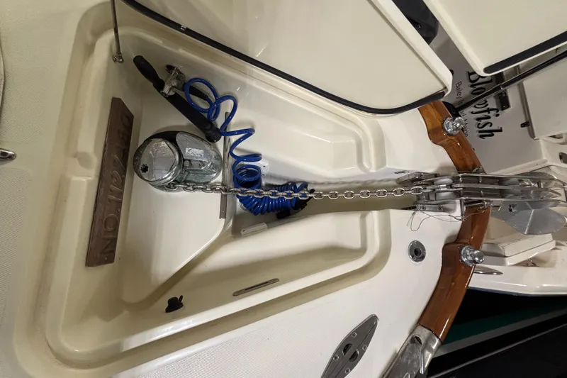 Wayfarer Yacht Photos Pics Anchor compartment of a 2002 Hinckley Talaria 29C boat with chain and winch.