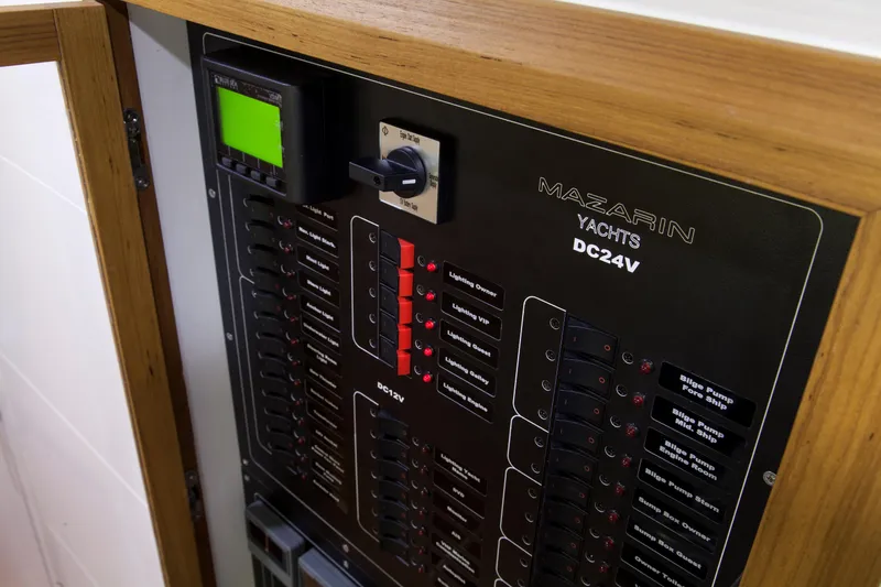  Yacht Photos Pics Electrical control panel of 2026 Mazarin 72 Cruiser/Racer yacht, featuring DC 24V system.