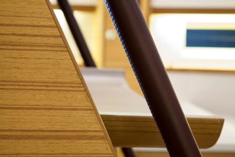  Yacht Photos Pics Close-up of Mazarin 72 Cruiser/Racer Gen II interior, showcasing sleek wood and leather design, 2026.