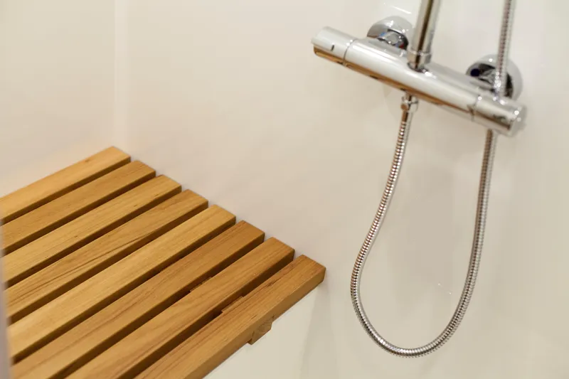  Yacht Photos Pics Shower area with wooden slats in 2026 Mazarin 72 Cruiser / Racer - Gen II.