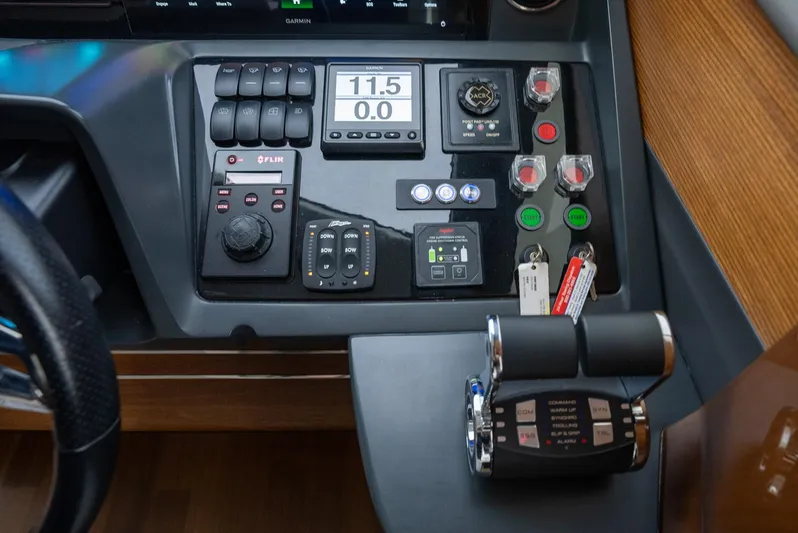 Fly By Yacht Photos Pics Control panel of a 2019 Princess V65 yacht with various switches and displays.